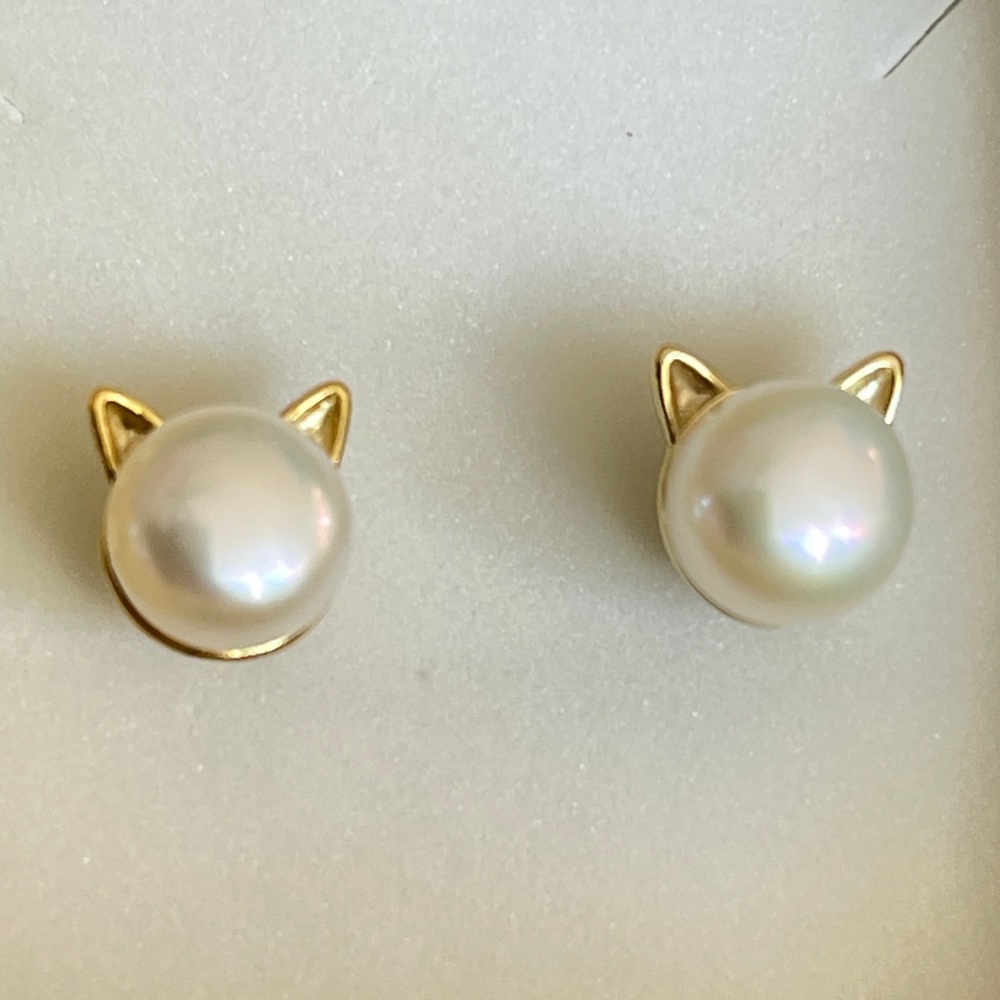 Gold Plated‎ Over 935S Silver 7-8mm Natural Pearl Stud Earrings Cat Shaped